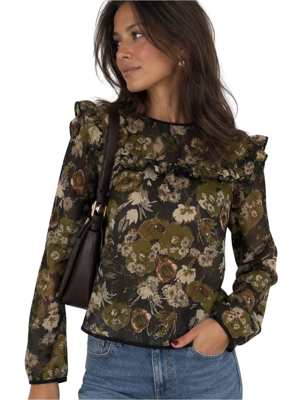 Zara Floral Chiffon Ruffle Blouse Olive Green Black Sheer Top XS
